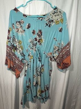 Angie Aqua Floral V-Neck Blouse with Rust and Cream Accents